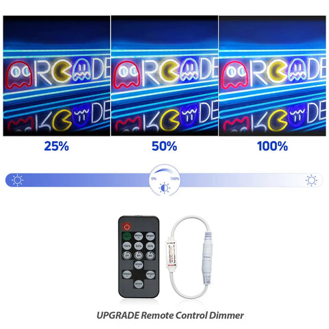 Brightness settings of Large Arcade Neon Sign 25 Inches Upgraded Retro Ghost Arcade LED Light with remote and dimmer scale