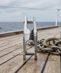 Stainless Steel Marine Anchor Connector With Hinged Pin Locking Mechanism For Six To Eight Two Stage Anchors Built To Last Boat Fitting Marine Hardware Link And Coupling Heavy Duty 316 Stainless shown on deck with rope