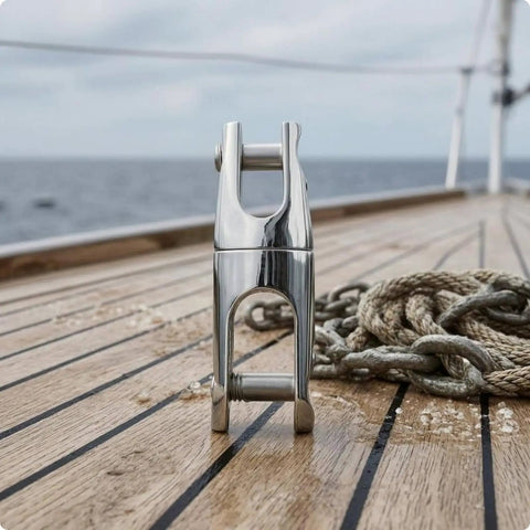 Stainless Steel Marine Anchor Connector With Hinged Pin Locking Mechanism For Six To Eight Two Stage Anchors Built To Last Boat Fitting Marine Hardware Link And Coupling Heavy Duty 316 Stainless shown on deck with rope