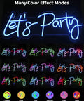 RGB Lets Party Neon Sign For Wall Decor Large LED Neon Light Up Sign With Rainbow Colors And Music Sync Perfect For Weddings Birthdays Christmas Valentines Day Bars And More Comes With Power Adapter displaying various color modes.