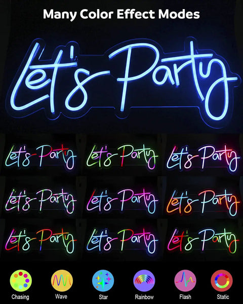 RGB Lets Party Neon Sign For Wall Decor Large LED Neon Light Up Sign With Rainbow Colors And Music Sync Perfect For Weddings Birthdays Christmas Valentines Day Bars And More Comes With Power Adapter displaying various color modes.