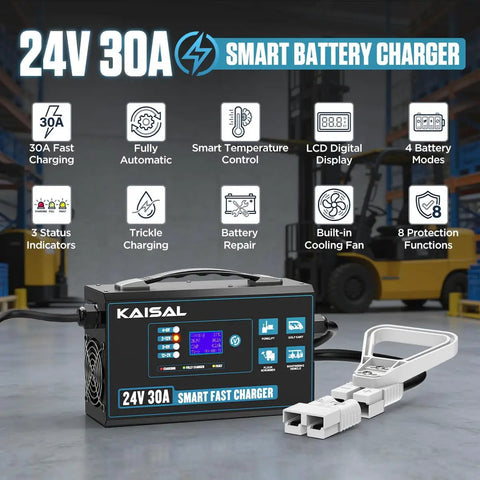 Ultra Fast 24 Volt Forklift Battery Charger 30 Amp Smart Trickle Charging Unit With LCD Digital Display features indicators and connectors.