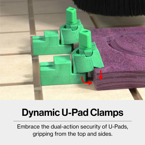 Dynamic U-Pad Clamps from MatchFit CNC Clamping Kit For Woodworking And Milling, 11 Piece Green Set securing wood.