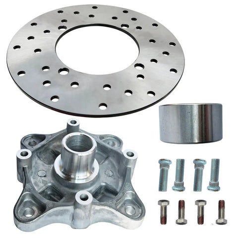 Solid Rear Wheel Hub Assembly With Brake Rotor And Beefy Studs Bolts Kit For Polaris RZR And Sportsman Atv Utv showing parts and hardware.