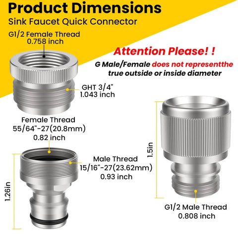 Diagram of Quick Connect Sink Faucet Adapter For Shower And Garden Hose Chrome Brass Connector Kit with dimensions and threads.