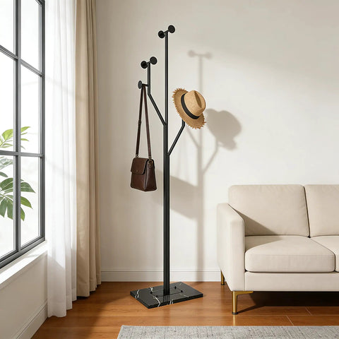 Heavy-Duty Freestanding Coat Rack With Tree-Shaped Metal Design And Marble Base, 68.9 Inches Tall, Corner Clothing Rack in Room