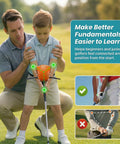 Adult helping child use Golf Swing Connector Trainer For Posture And Arm Alignment on a golf course.