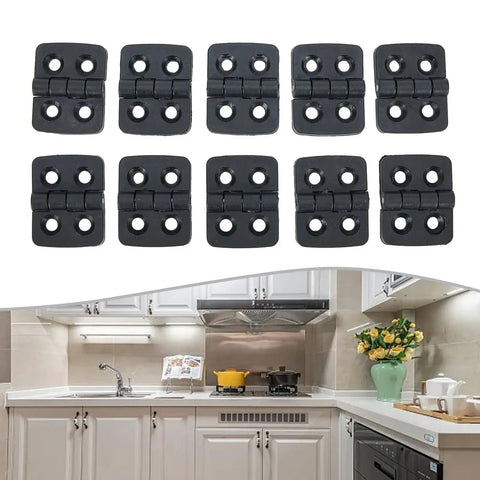10 black 30x40mm small plastic butt hinges with door bearing for cabinets or mini doors, shown with pre-drilled countersunk holes.