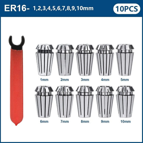 Collet Chuck Kit With ER16 Wrench For Lathe Holder, 1-10mm Precision Spring Chuck, 10 collets displayed with wrench included