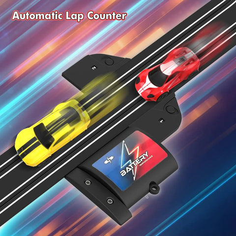 Automatic lap counter with Dope 32Ft Electric Powered Slot Car Race Track Set and high-speed yellow and red cars racing.