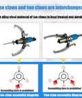 Diagram showing Heavy Duty Hydraulic Bearing Puller And Separator Kit For Wheel Hub Removal With 20 Ton Capacity and claw assembly options.
