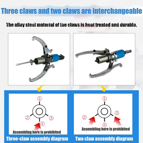Diagram showing Heavy Duty Hydraulic Bearing Puller And Separator Kit For Wheel Hub Removal With 20 Ton Capacity and claw assembly options.