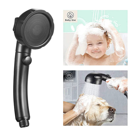High Pressure Handheld Shower Head With On Off Pause Switch; child washing hair; pet use; durable black design with hose