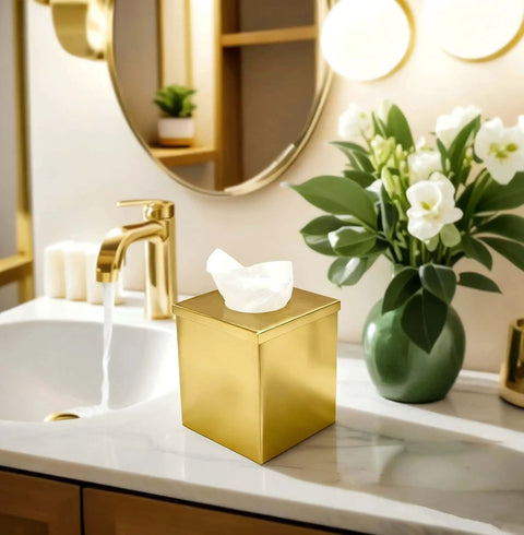 Gold Plated Tissue Box Cover Holder in bathroom setting with sink and flowers, Square Luxury Tissue Box Holder For Bathroom Vanity Office Bedroom Living Room