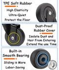 1 Inch Mini Swivel Caster Wheels Set With M6x15mm Threaded Stem Silent TPE Rubber Brake Rollers For Light Furniture And Small Trolleys, 4 Pack, Each 45kg 99lbs Load Capacity, Includes Nuts And Wrench. Close-up of black rubber wheel with dust-proof cover and built-in bearing.
