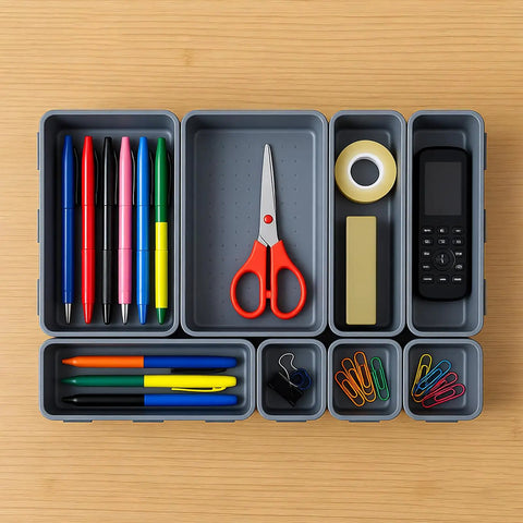 8 Piece Interlocking Drawer Organizer Trays Set In Light Gray Plastic, Modular Storage Bins For Kitchen, Bathroom, Office And Desk Drawers, Customizable To Fit Any Size Drawer, Non Slip And Mess Free containing office supplies like pens, scissors, tape.