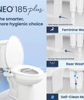 Diagram showing Dual Nozzle Bidet Attachment For Toilet Seat No-Fuss Non-Electric Easy Slide-In Install 360 Self-Clean features.