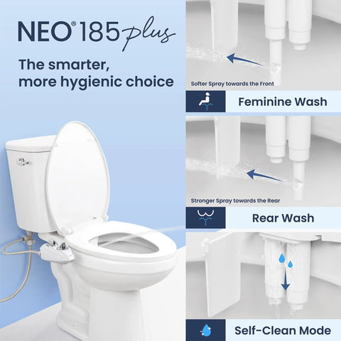Diagram showing Dual Nozzle Bidet Attachment For Toilet Seat No-Fuss Non-Electric Easy Slide-In Install 360 Self-Clean features.