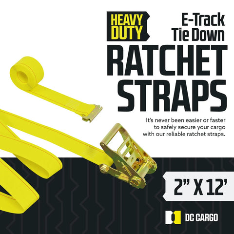 Heavy Duty 2 Inch By 12 Foot Ratchet Tie Down Straps Pack Of 10 In Bright Yellow With E Track Fittings displayed on packaging