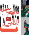 12 Pack Adjustable Heavy Duty Wall Mount Garage Hooks Organizer Kit For Steel Shelving And Garden Tool Storage displayed with orange finish