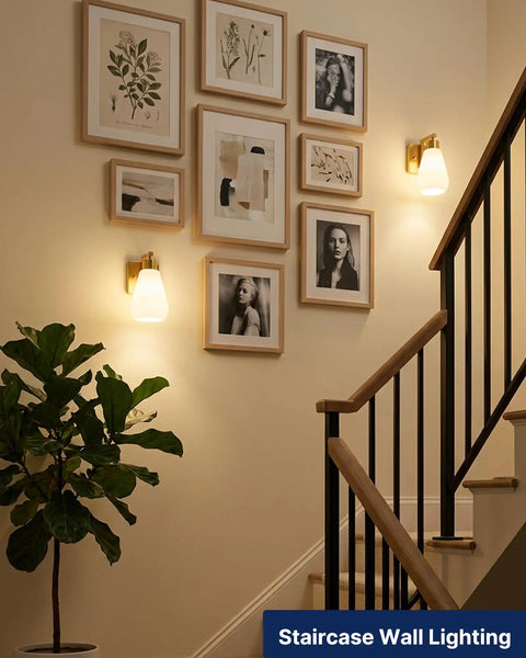 FLSNT Wall Sconces Set of 2, Hardwired E26 Wall Lighting, Modern Polished Gold Vanity Light with Frosted White Glass Shade for Bathroom, Bedroom, Hallway, Stairway, Living Room (Bulbs Not Included) illuminating staircase.