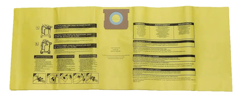 Yellow Shop Vac 9067200 Type I Type F High Efficiency 10-14 Gallon Collection Bag with printed instructions shown flat.
