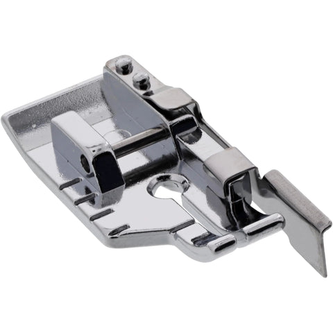 Close-up view of a shiny metal 1/4-inch snap-on presser foot with guide for low-shank sewing machines