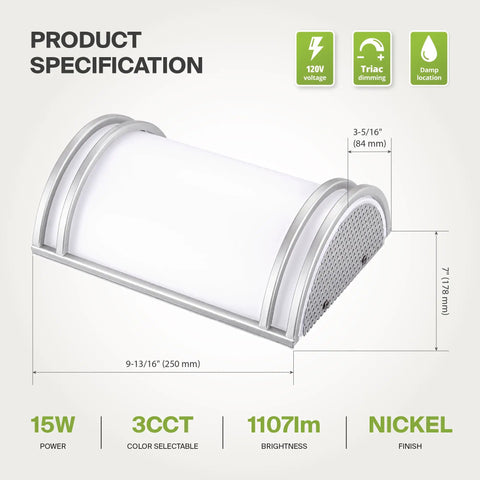 Product specification image of Kick Your Lighting Game Up Today With This Sleek Indoor LED Wall Sconce Sporting Brushed Nickel Finish.