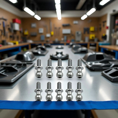 10 Piece Beefed-Up Silver Metal Hex Ball Head Screws Set For TT01 TT02 Sakura D5 RC Cars displayed on a workshop table.