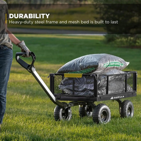 Person using Heavy-Duty Steel Utility Cart With 4 Cu Ft Bed And 900 LB Load Capacity, Black Towable Hauling Wagon on grass