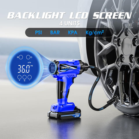 Cordless Tire Inflator Portable On The Go Air Compressor With 150 PSI Dual Power DC 12V and Battery with digital gauge