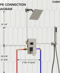 Pipe connection diagram for EVERSTEIN 6" Wall Mount Shower System with Handheld Spray, Brushed Nickel, dimensions and layout.