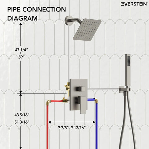 Pipe connection diagram for EVERSTEIN 6" Wall Mount Shower System with Handheld Spray, Brushed Nickel, dimensions and layout.