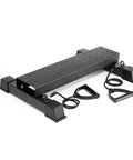 Premium Steel Calf Raise Block And Stretch Board For Savage Leg Days Adjustable Incline Platform shown from the side with resistance bands attached.