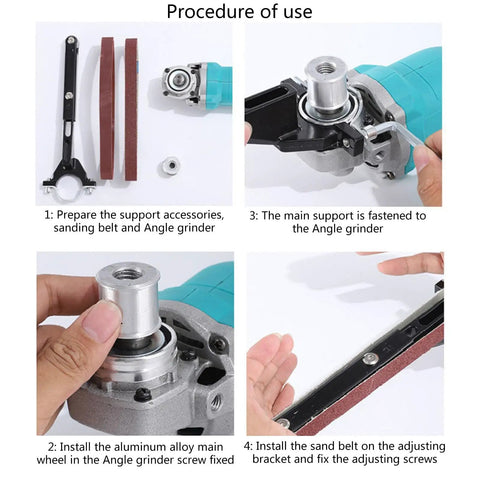Step-by-step procedure for Khbyt Electric Belt Grinder Attachment transforming angle grinder for sanding and polishing.