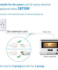 Diagram showing Slim Flat Plug Extension Cord 1 Foot 14 Gauge 15 Amp White Heavy Duty Power Cord With Low Profile Design.