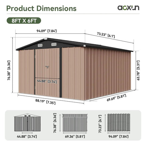 Front view of 6x8 Foot Outdoor Steel Storage Shed with Lockable Door Waterproof and Rust Proof Construction for Yard Patio Backyard Garden Dual Door Access Top Ventilation to Prevent Condensation Perfect for Tools Lawn Gear Bikes.