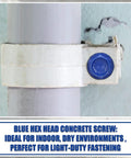 Blue Hex Concrete Screw Anchor attached to a pipe, highlighting 200 Piece Blue Hex Concrete Screw Anchors 1/4 X 3-1/4 Inch PTFE Carbon Steel Masonry Bolts.
