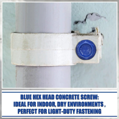 Blue Hex Concrete Screw Anchor attached to a pipe, highlighting 200 Piece Blue Hex Concrete Screw Anchors 1/4 X 3-1/4 Inch PTFE Carbon Steel Masonry Bolts.