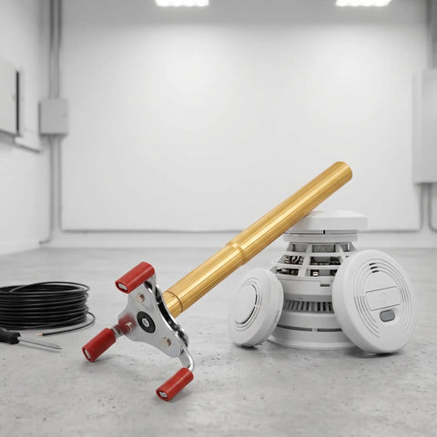 Ladder Free Smoke Sensor Assembly Removal Tool With A Rock Solid Aluminum Jaw And Extended Reach For High Ceiling Fire Alarm Extraction Drop Your Ladder Today on floor beside smoke detector.