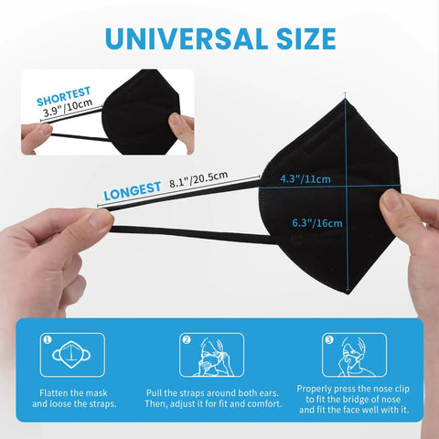 Person holding KN95 Face Mask 50 Pack Black 5 Ply Breathable Protective Masks With Comfy Fit Ear Loops for measuring, universal size guide