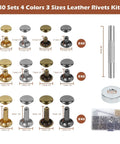480 Sets 4 Color Rivets for Leather Craft Kit with sizes 6-9mm, shown with installation tools and packaged in box