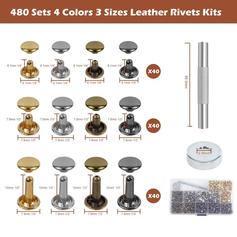 480 Sets 4 Color Rivets for Leather Craft Kit with sizes 6-9mm, shown with installation tools and packaged in box
