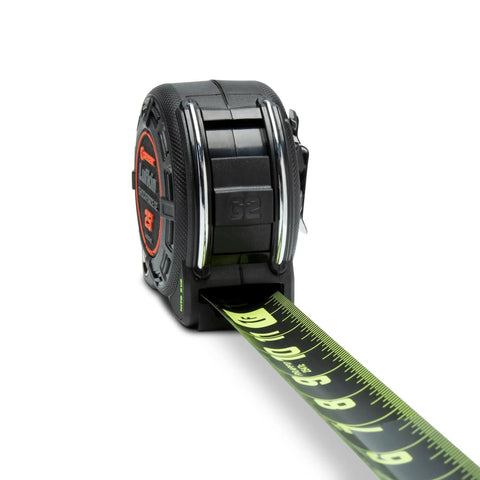 Shockforce G2 25 Foot Nite Eye Magnetic Tape Measure with thick blade, matte black finish, green markings, and magnetic end hook.