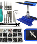 All In One RC Car Repair Stand Kit With 360 Degree Rotation 523 Piece Screw Set Plus RC Screwdrivers And Screws Pallet Fits One Eighth To One Eighteenth Scale Cars Trucks And Buggies From Traxxas Arrma Redcat HSP HPI Axial Losi Kyosho Tamiya showing stand, screws, and tools