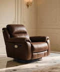 24 Inch Recliner Swivel Base Conversion Kit For Chairs With Round Ring And 10 Inch Square Rotating Plate With Ball Bearings And EVA Mat To Turn Your Chair Into A Slick Swivel. Brown recliner on swivel base in a living room.
