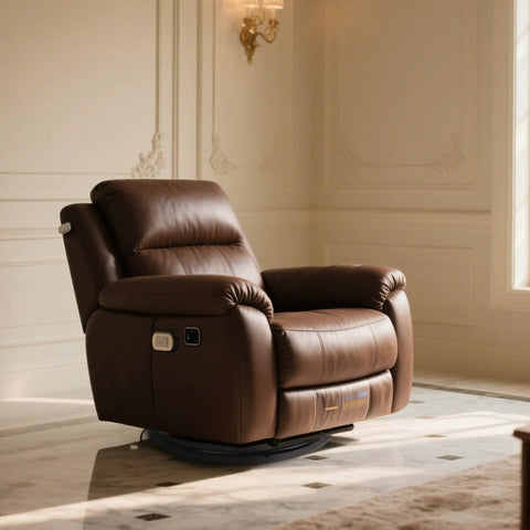 24 Inch Recliner Swivel Base Conversion Kit For Chairs With Round Ring And 10 Inch Square Rotating Plate With Ball Bearings And EVA Mat To Turn Your Chair Into A Slick Swivel. Brown recliner on swivel base in a living room.