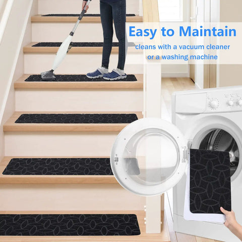 15 Piece Indoor Stair Treads For Wooden Steps Grippy Non Slip Carpet Treads With Gray Stripe Design Polyester Runner Mats for easy cleaning with vacuum and washing machine