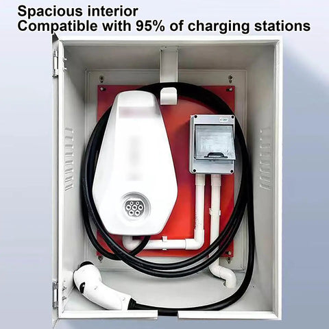 Heavy Duty Outdoor Electric Vehicle Charger Enclosure Rugged Cold Rolled Steel Weather Lock Box With Key Security Protection Case For Level 2 Charging Station Plug Guard interior showing EV charger and cables.