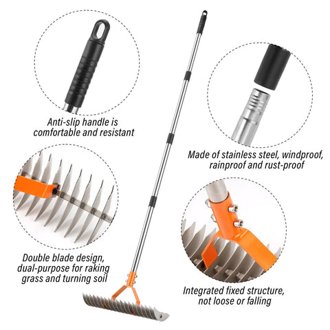 62 Inch Adjustable Thatch Rake With 19 Tines Nickel Steel For Lawn Dethatching And Soil Aeration with ergonomic handle.